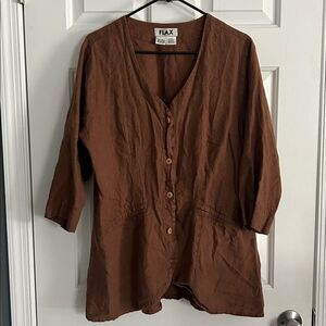 FLAX Linen Button Up Lagenlook Tunic Blouse Top Brown Size M